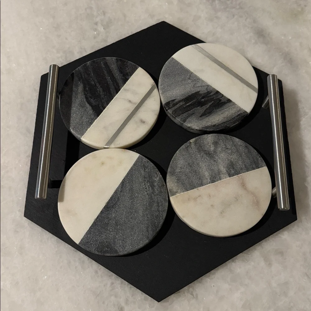 Hexagonal Black Chalkboard Tray with Marble Coasters